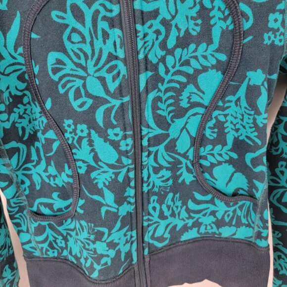 LULULEMON Womens XS? S? Scuba Hoodie Jacket Teal Turquoise Full Zip Floral Print - Picture 3 of 14